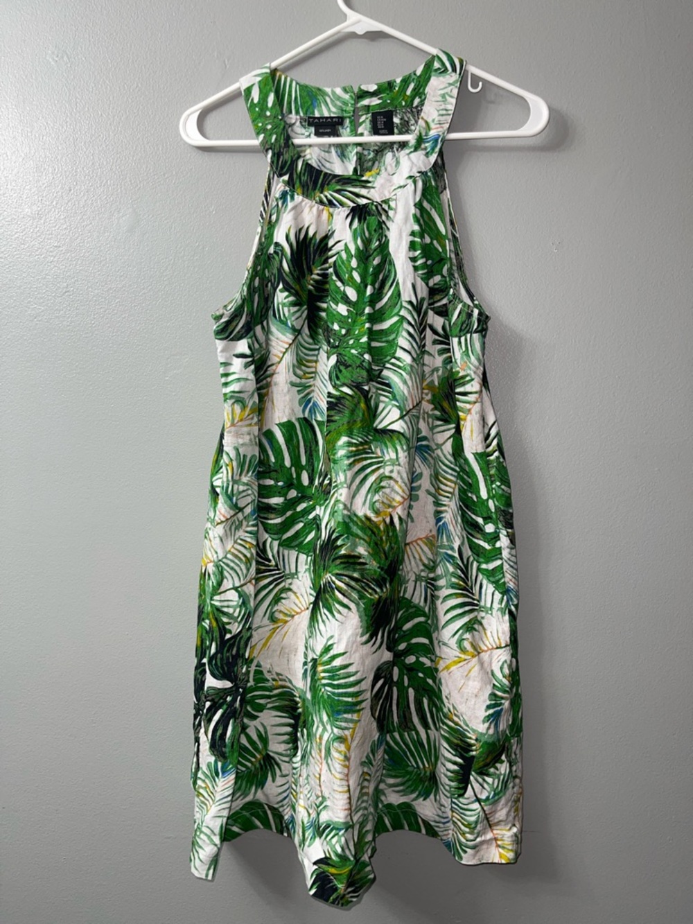 TAHARI Linen Tropical Palm Dress Green White Sleeveless Medium Resort